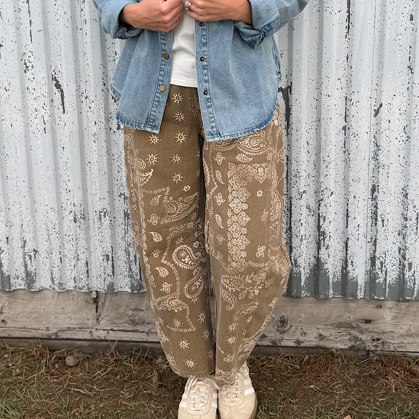 Paisley Print Washed Denim Barrels