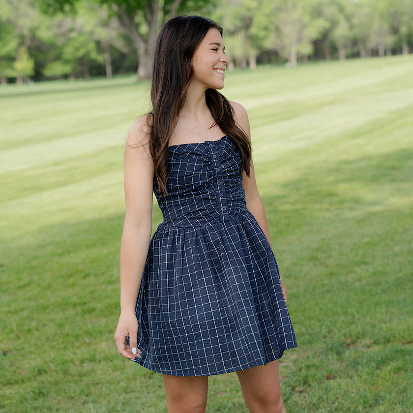 Navy Textured Button-Front Mini Dress