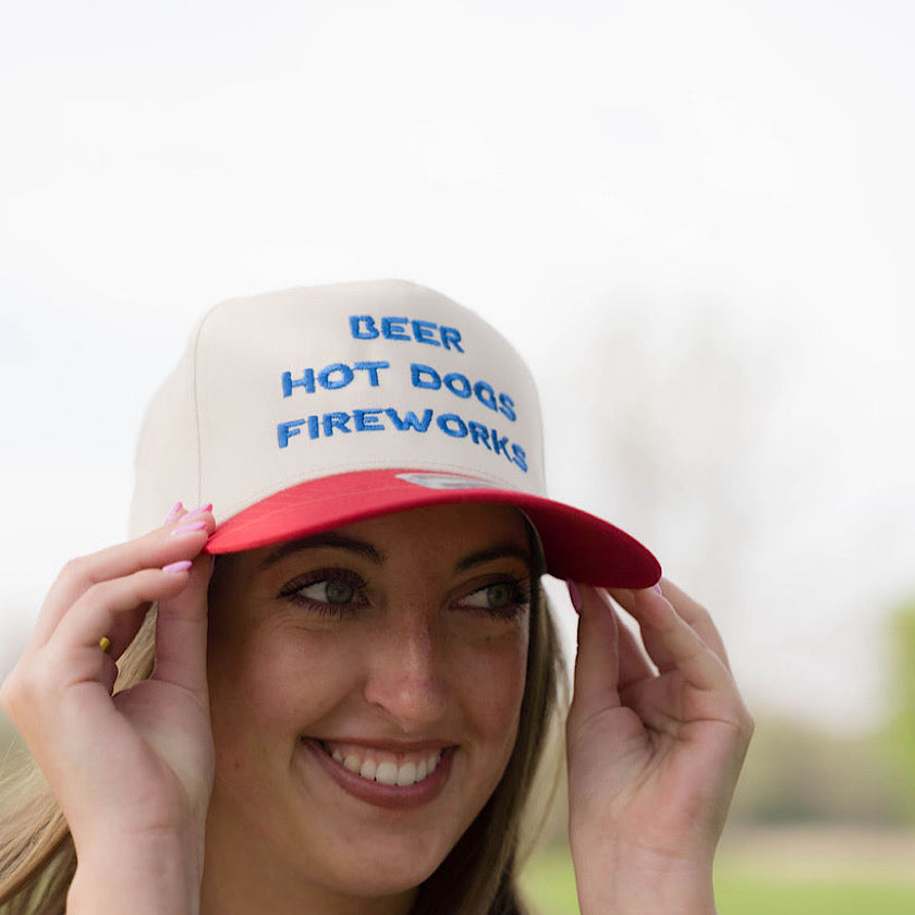 BEER HOT DOGS FIREWORKS Embroidered Trucker Hat