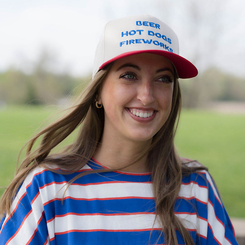 BEER HOT DOGS FIREWORKS Embroidered Trucker Hat