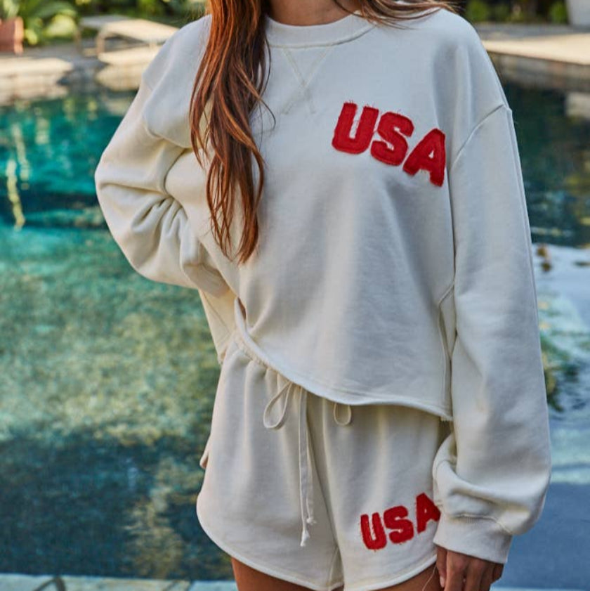 Ivory  Crew Pullover with USA Patch