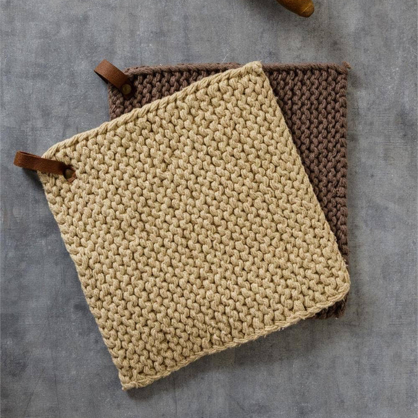 Knitted Pot Holders - Taupe And Tan