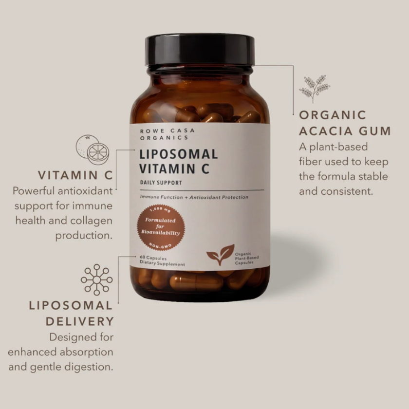 An amber supplement bottle labeled 'Liposomal Vitamin C' by Bone Cask Organics, shown on a light beige background with callout text describing ingredients and benefits.