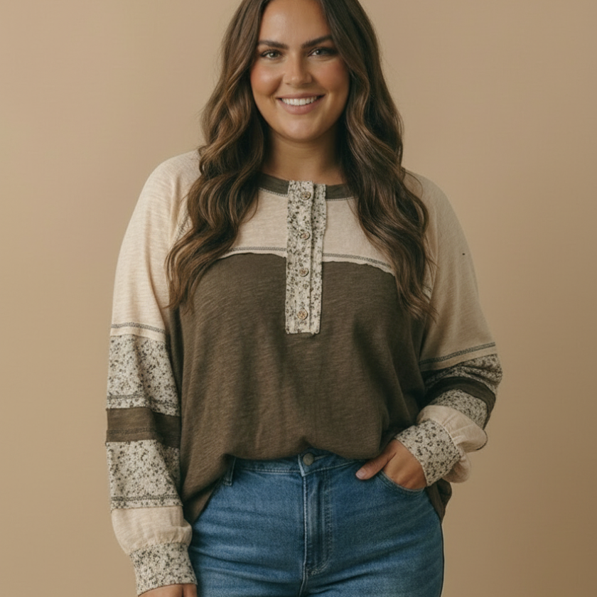 Olive Floral Color Block Top
