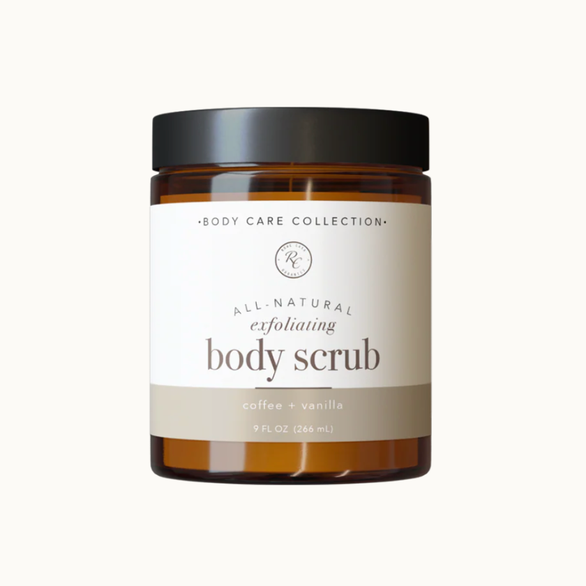 Jar of all natural exfoliating body scrub with a label on a white background
