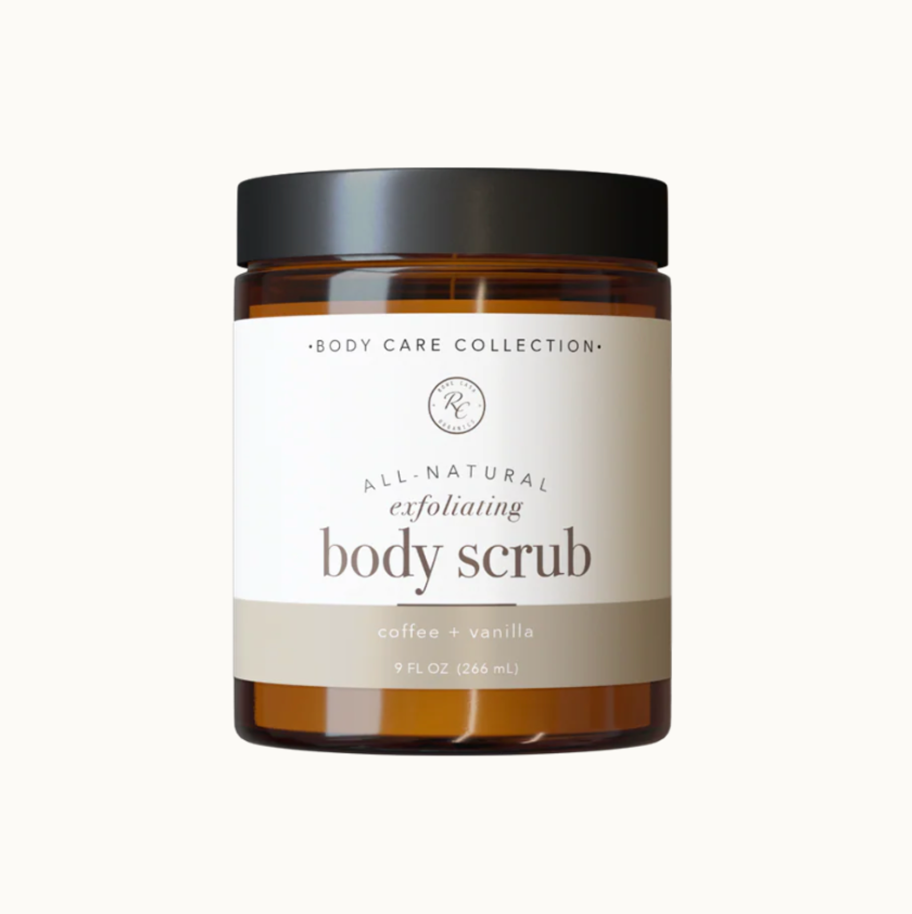 Jar of all natural exfoliating body scrub with a label on a white background