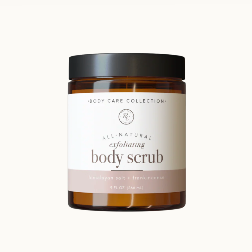 Jar of all-natural exfoliating body scrub with a label on a white background