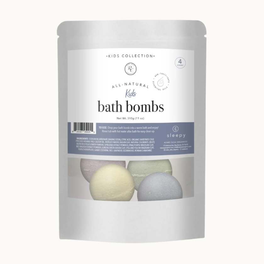 Pack of bath bombs with a white label on a white background