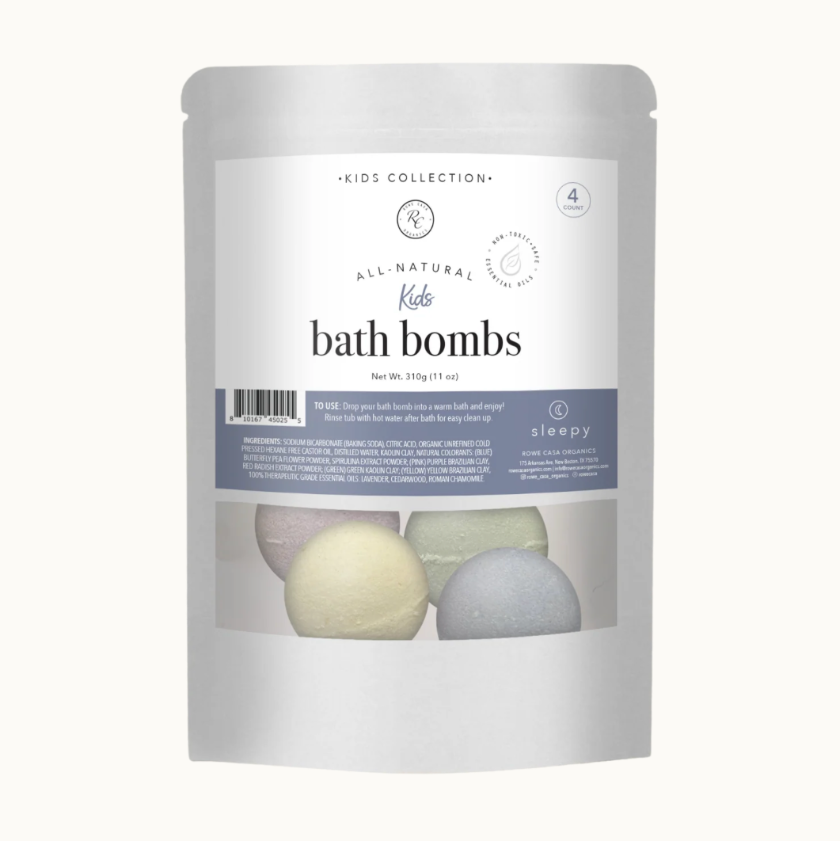 Pack of bath bombs with a white label on a white background