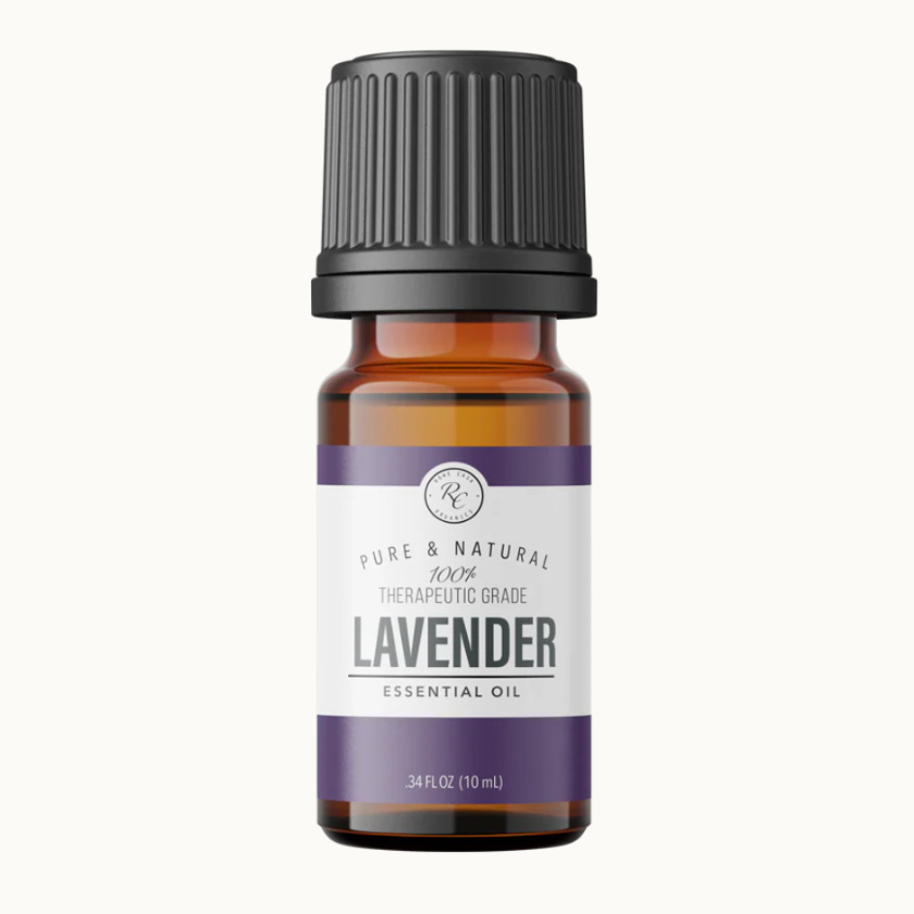 Bottle of lavender essential oil on a white background