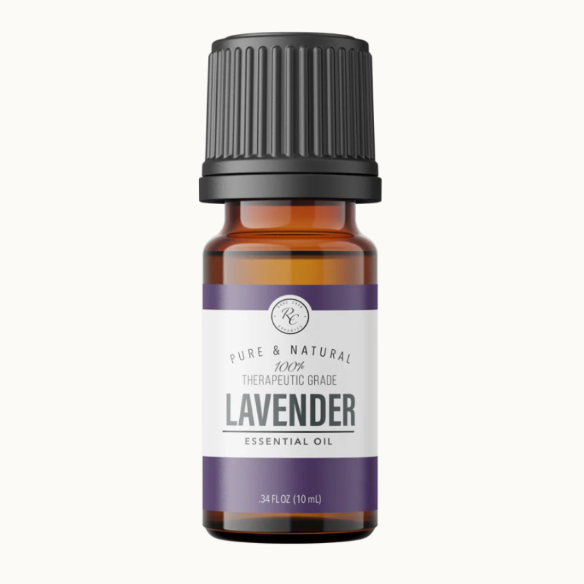 Bottle of lavender essential oil on a white background