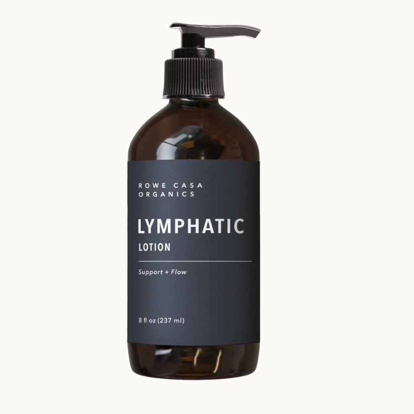 Brown bottle of Rowe Casa Organics Lymphatic Lotion on a white background