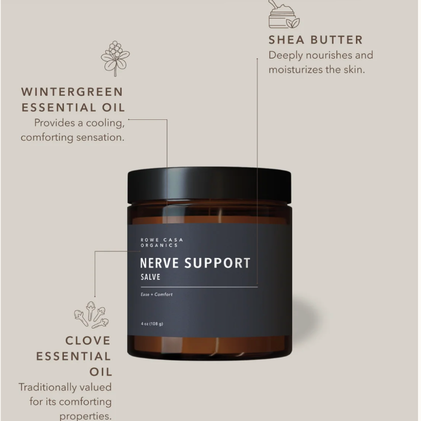 An amber glass jar of Some Casa Organics Nerve Support Salve with a black lid and dark gray label, centered on a beige background with callout lines and text describing wintergreen essential oil, shea butter, and clove essential oil benefits.