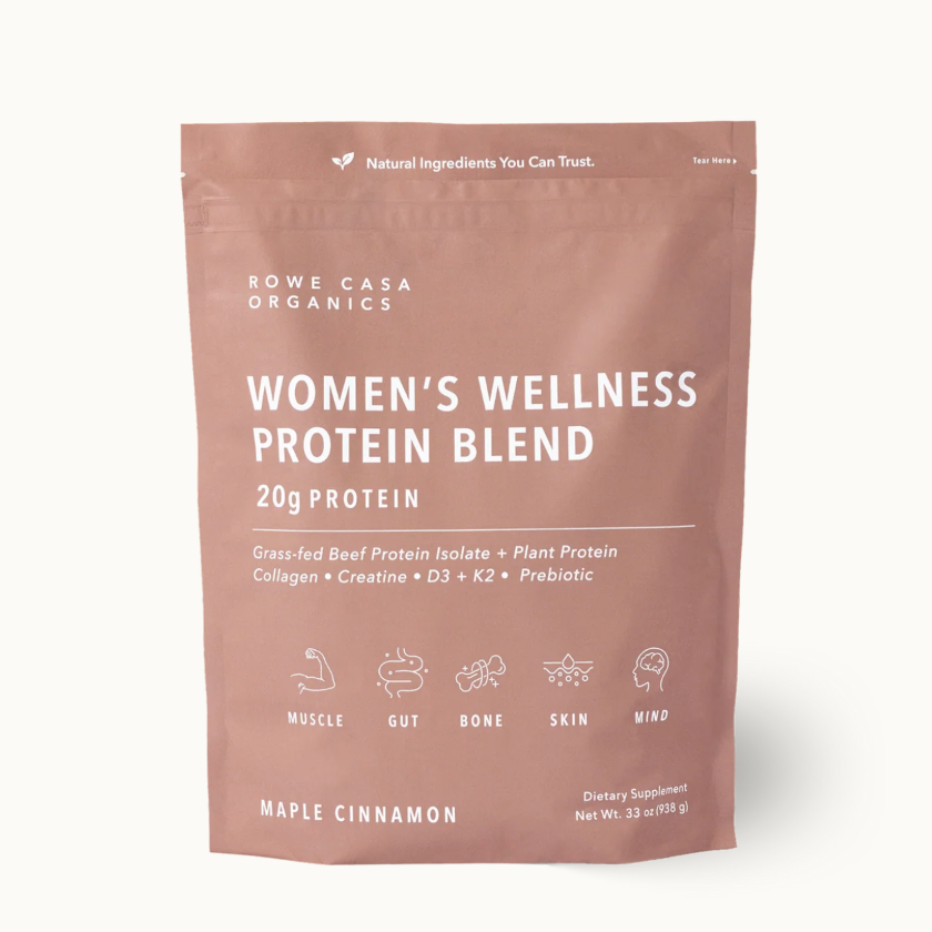 A stand-up pouch of Rowe Casa Organics Women's Wellness Protein Blend in Maple Cinnamon flavor, shown on a clean white background.