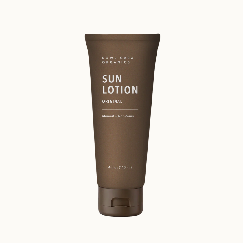 A 4 fl oz brown squeeze tube of Rowe Casa Organics Sun Lotion Original, shown against a solid off-white background.