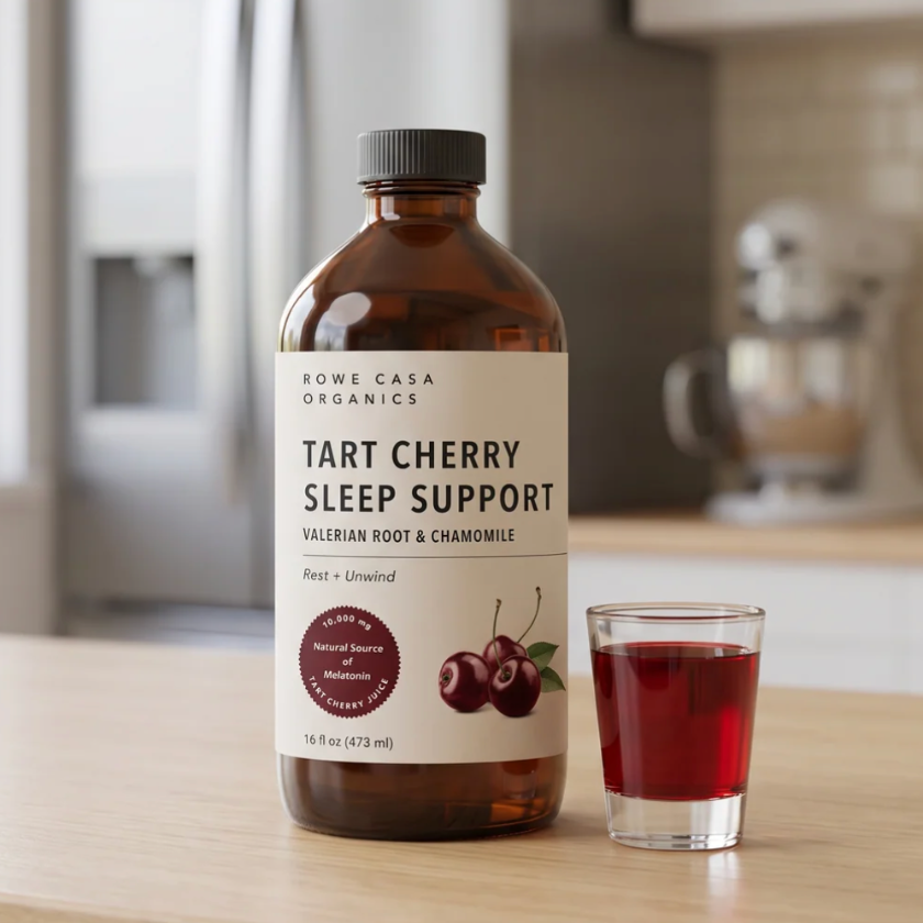 A bottle of Rome Casa Organics Tart Cherry Sleep Support liquid supplement stands on a light wood countertop next to a small glass filled with the dark red liquid, set against a softly blurred kitchen background.