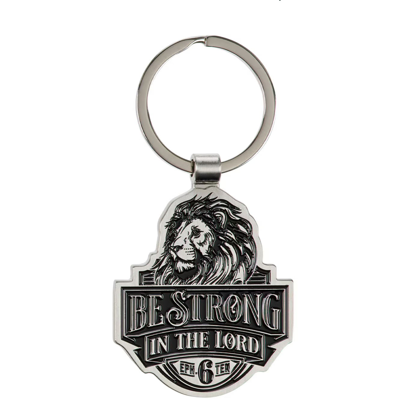 Be Strong in the Lord Lion Silver Metal Keychain - Ephesians 6:10
