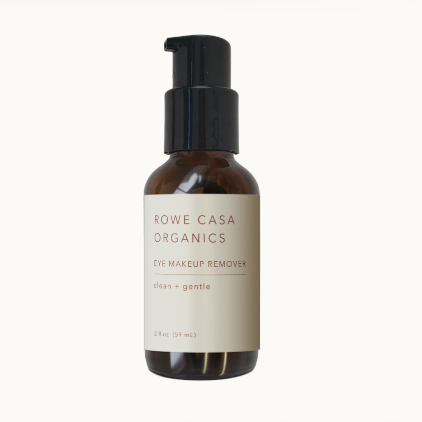 Brown bottle of Rowe Casa Organics eye makeup remover on a white background