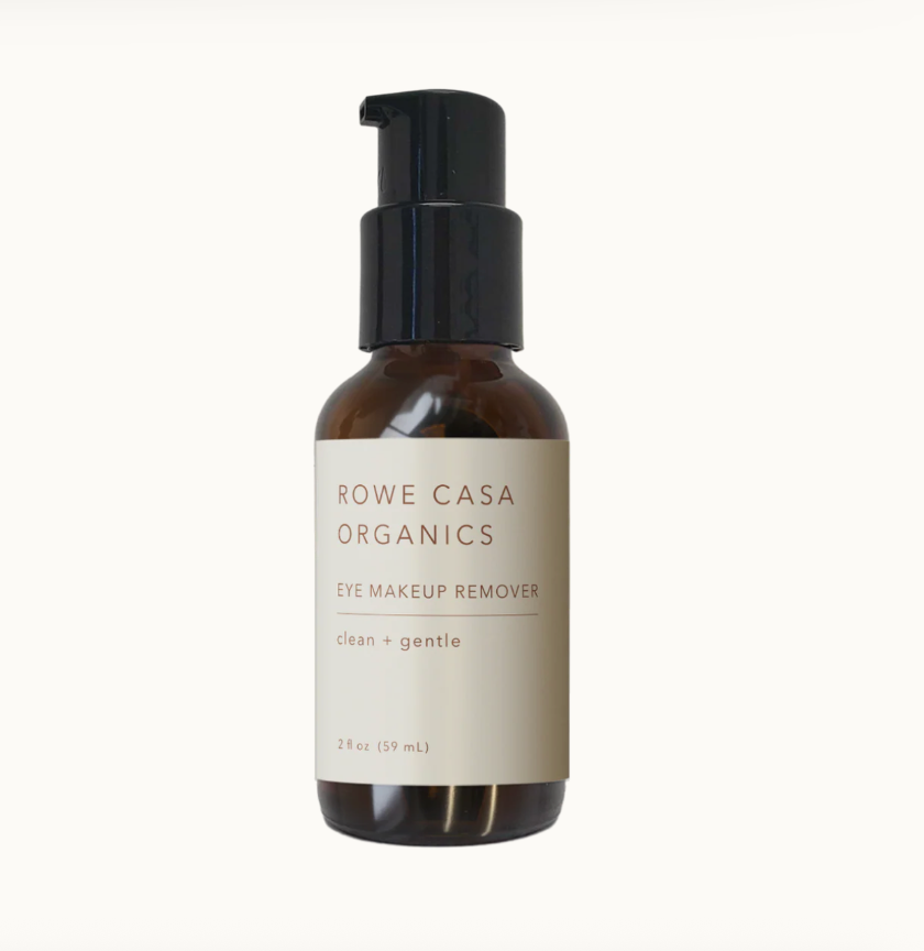 Brown bottle of Rowe Casa Organics eye makeup remover on a white background