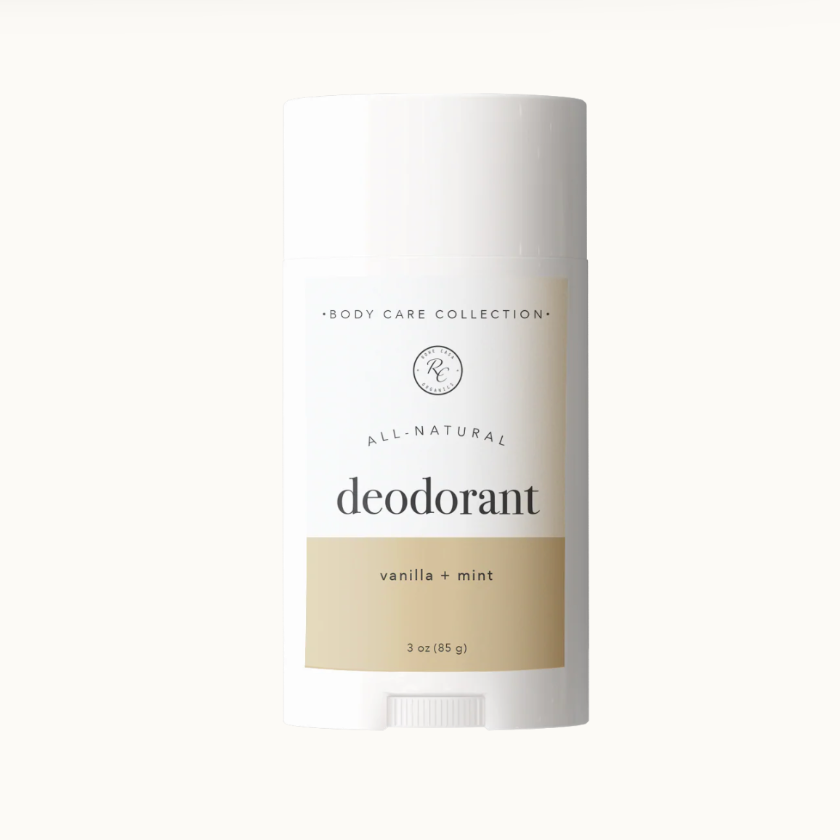 All-natural deodorant stick with vanilla and mint scent on a white background
