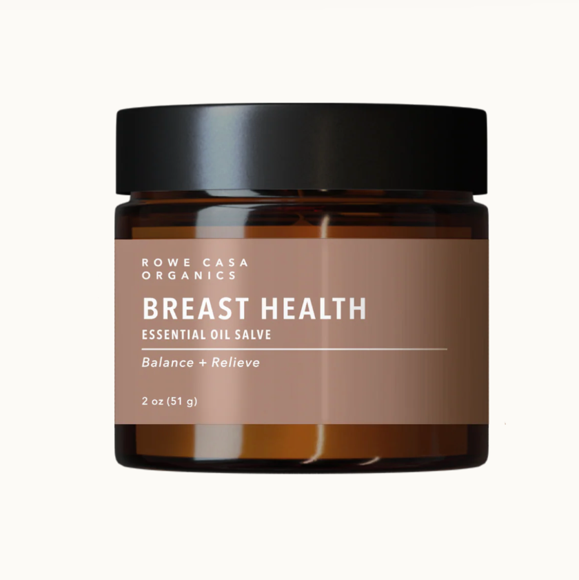 Jar of Rowe Casa Organics Breast Health Essential Oil Salve on a white background