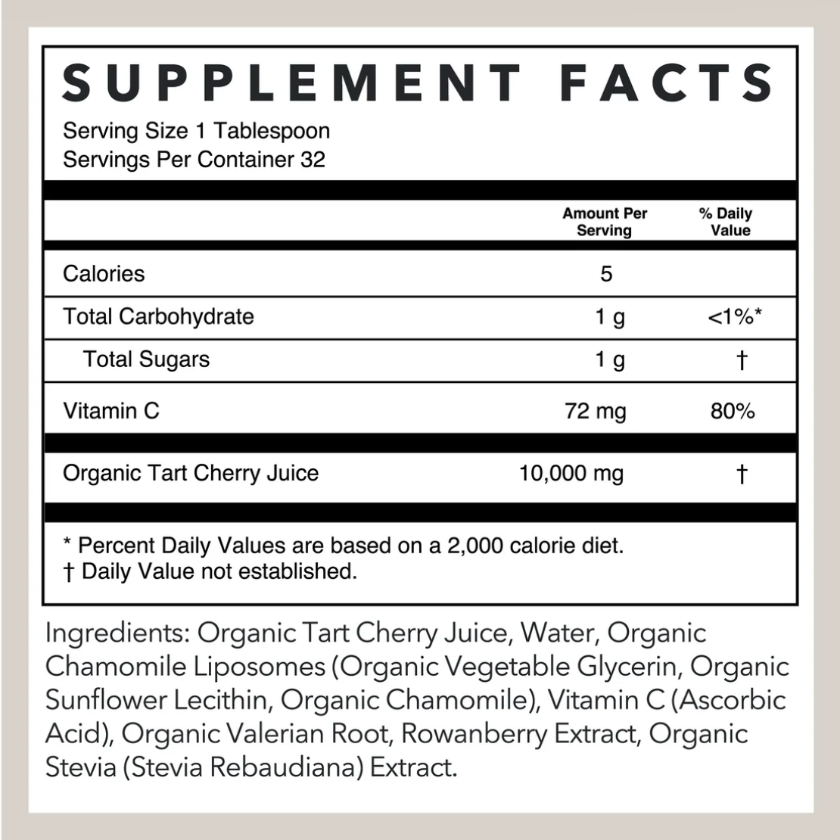 A supplement facts label for Organic Tart Cherry Juice, showing serving size, daily values, and ingredients on a white background.
