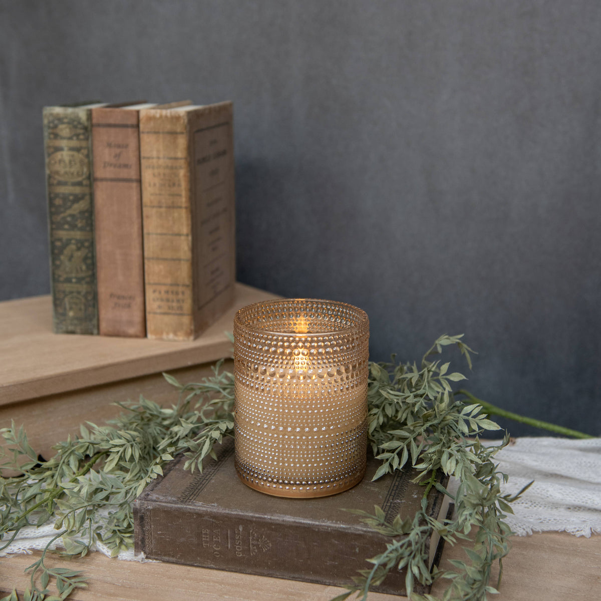 Ragon House - 5" CHAMPAGNE DOTTED GLASS 3D FLAME CANDLE