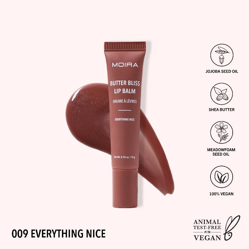 Moira Butter Bliss Lip Balm with product details on a white background