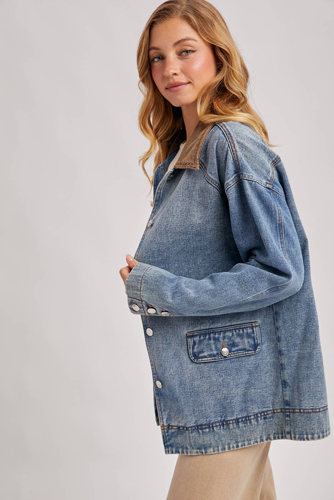 Bluivy - DENIM CORDUROY COLLAR CONTRAST BARN COAT