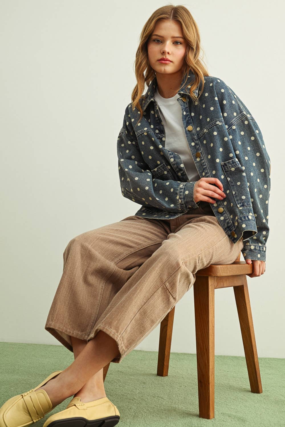 MIOU MUSE - J6160   POLKA DOT BUTTON FRONT DENIM JACKETE