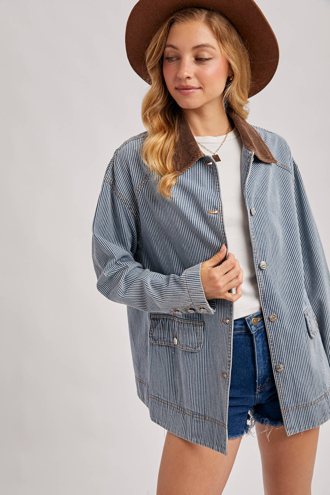Bluivy - DENIM CORDUROY COLLAR CONTRAST BARN COAT