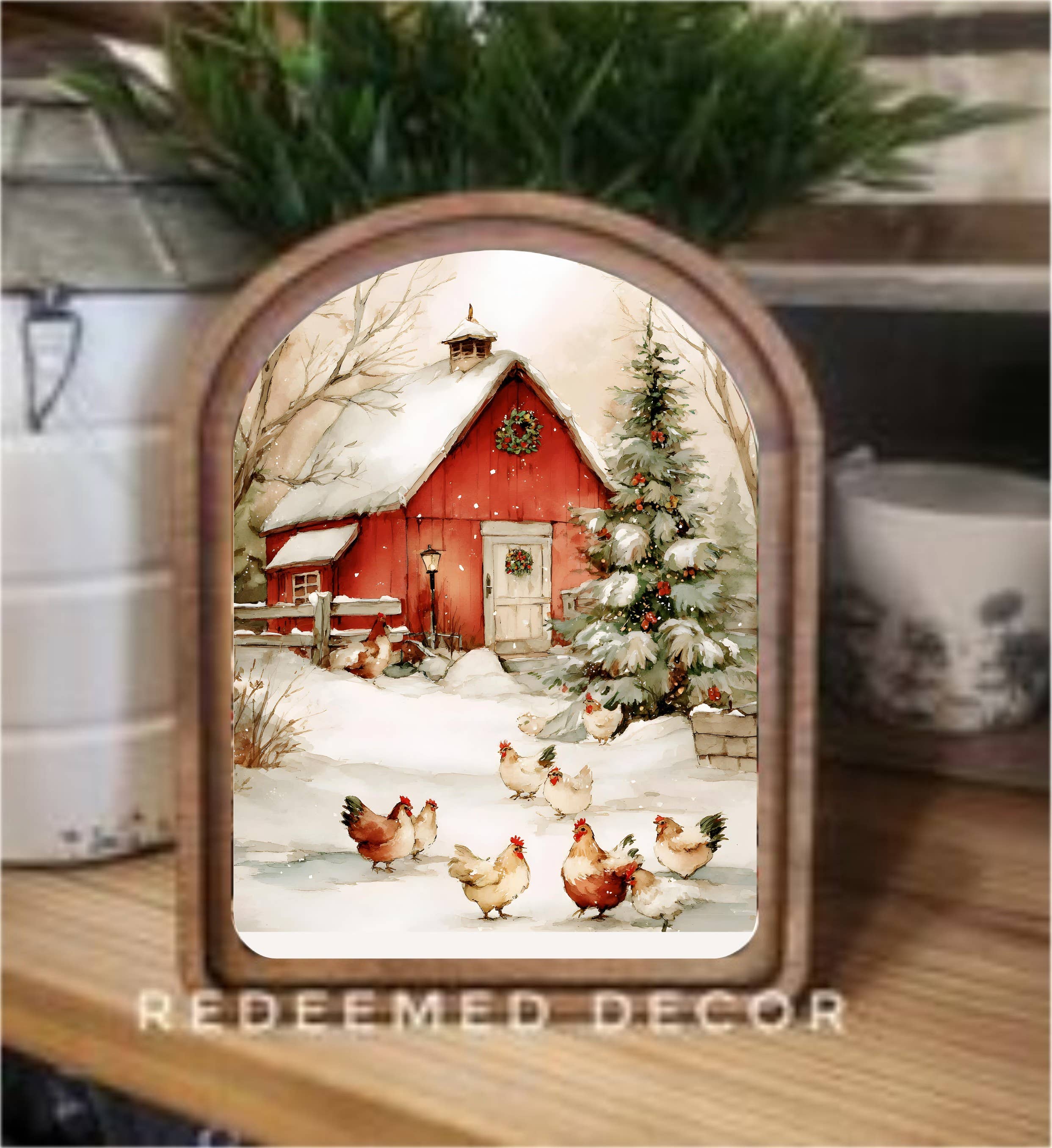 Arch Top Cozy Christmas Chickens Framed Art