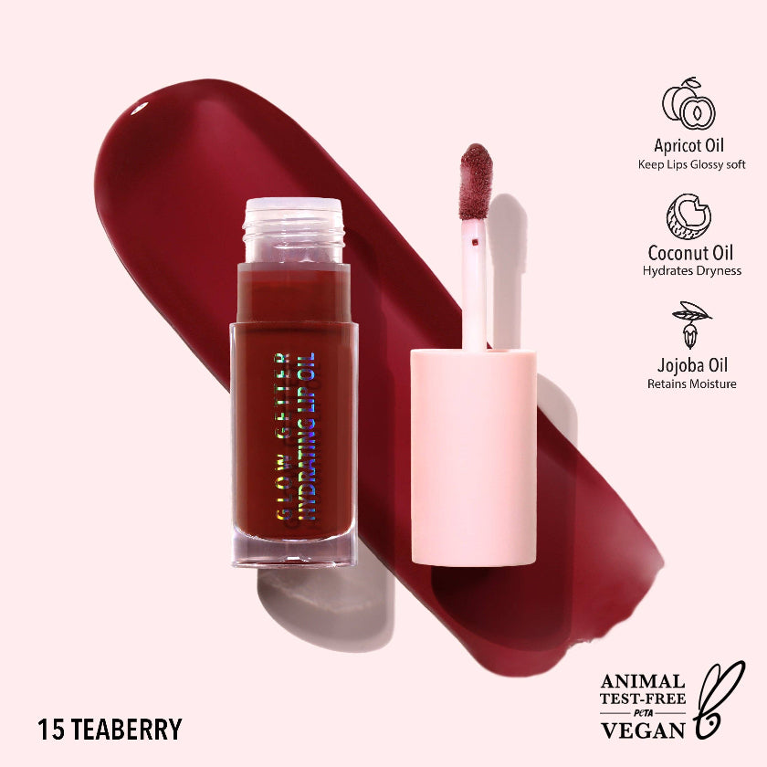Lip gloss with applicator and color swatch on a white background