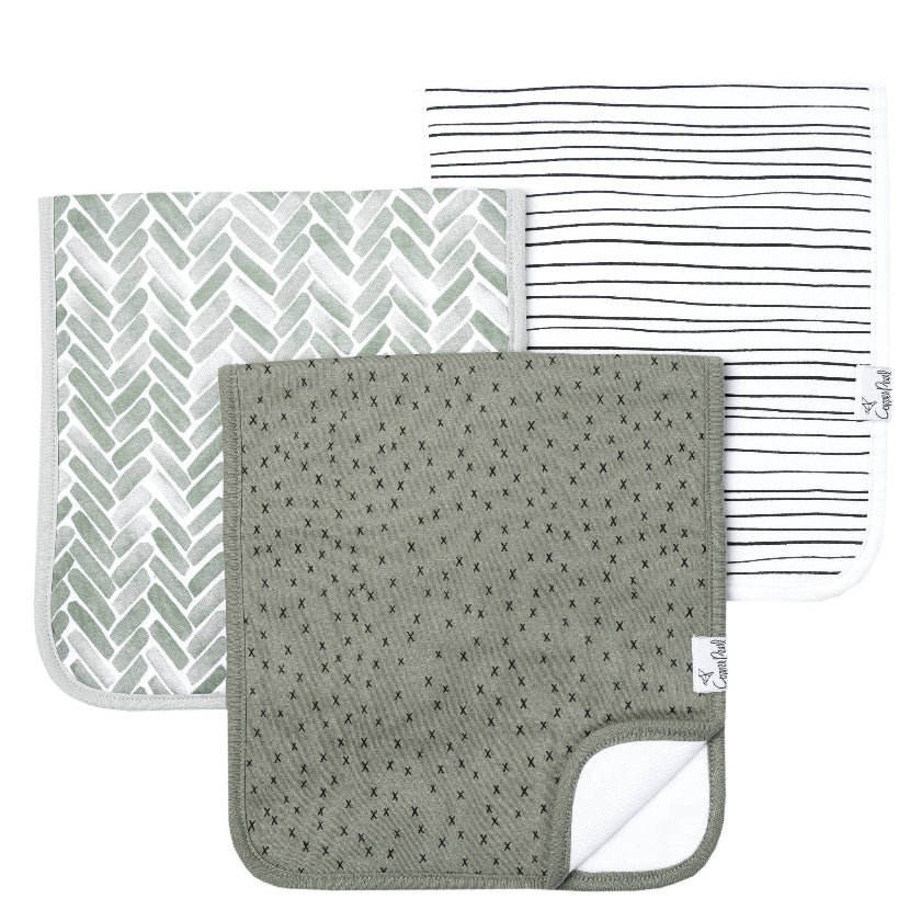 Set of three baby blankets with different patterns on a white background