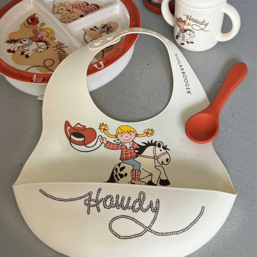 Fresh & Messy Silicone Bib & Spoon Set | Howdy Cowgirl | Sugarbooger by Ore’ Originals