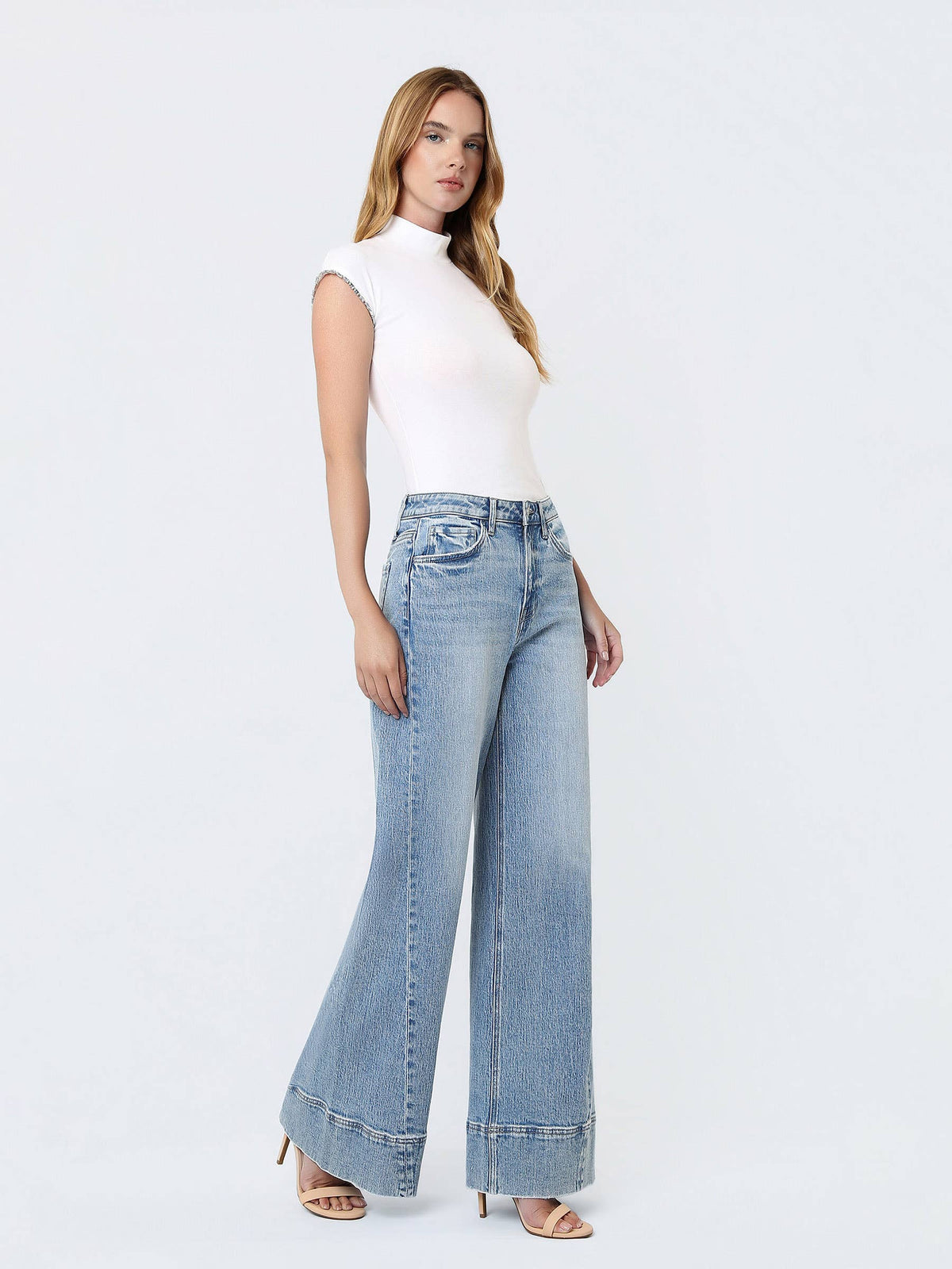 VERVET by FLYING MONKEY - HIGH RISE METAL BUCKLE TRIM EXTREME WIDE JEANS T7237
