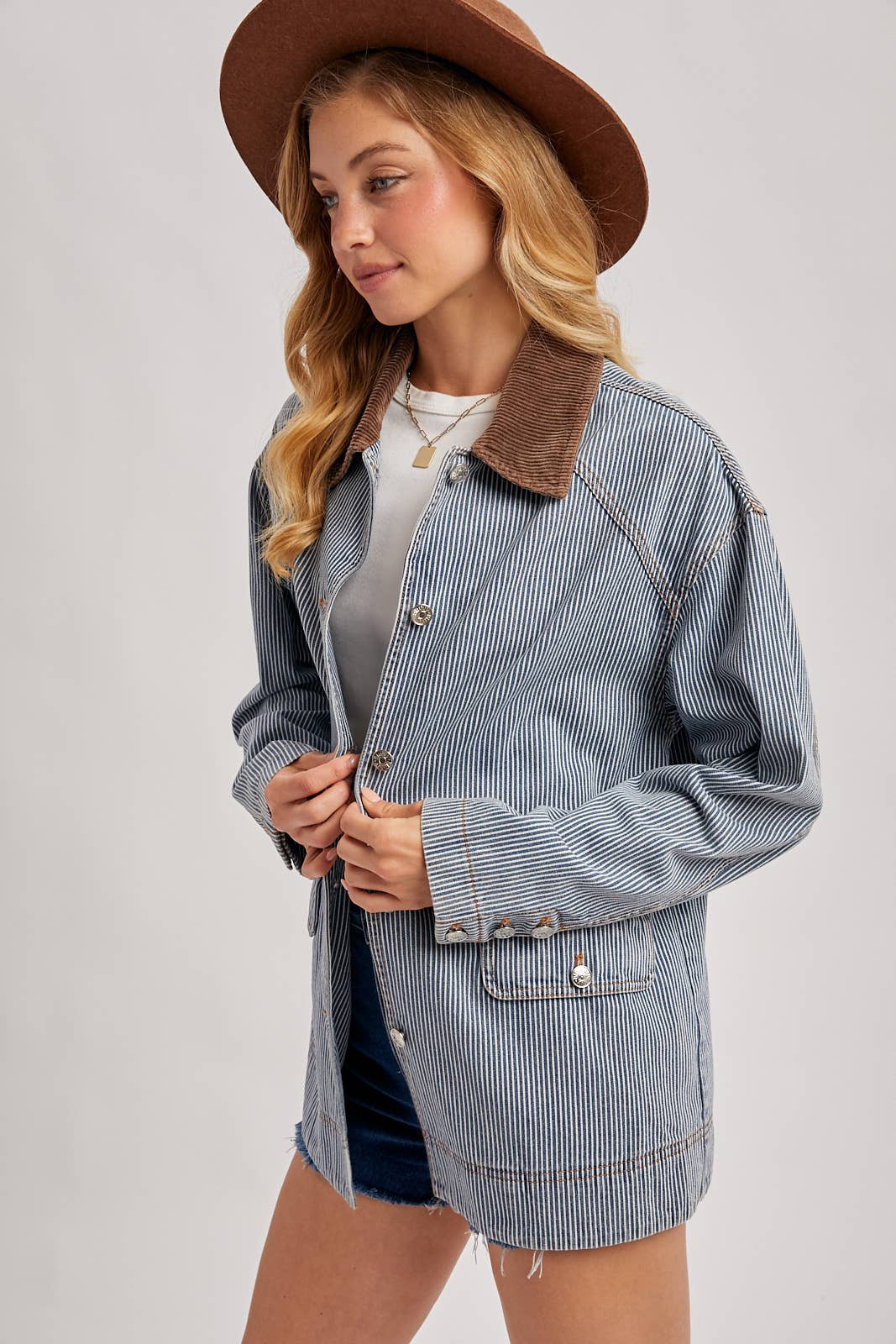 Bluivy - DENIM CORDUROY COLLAR CONTRAST BARN COAT