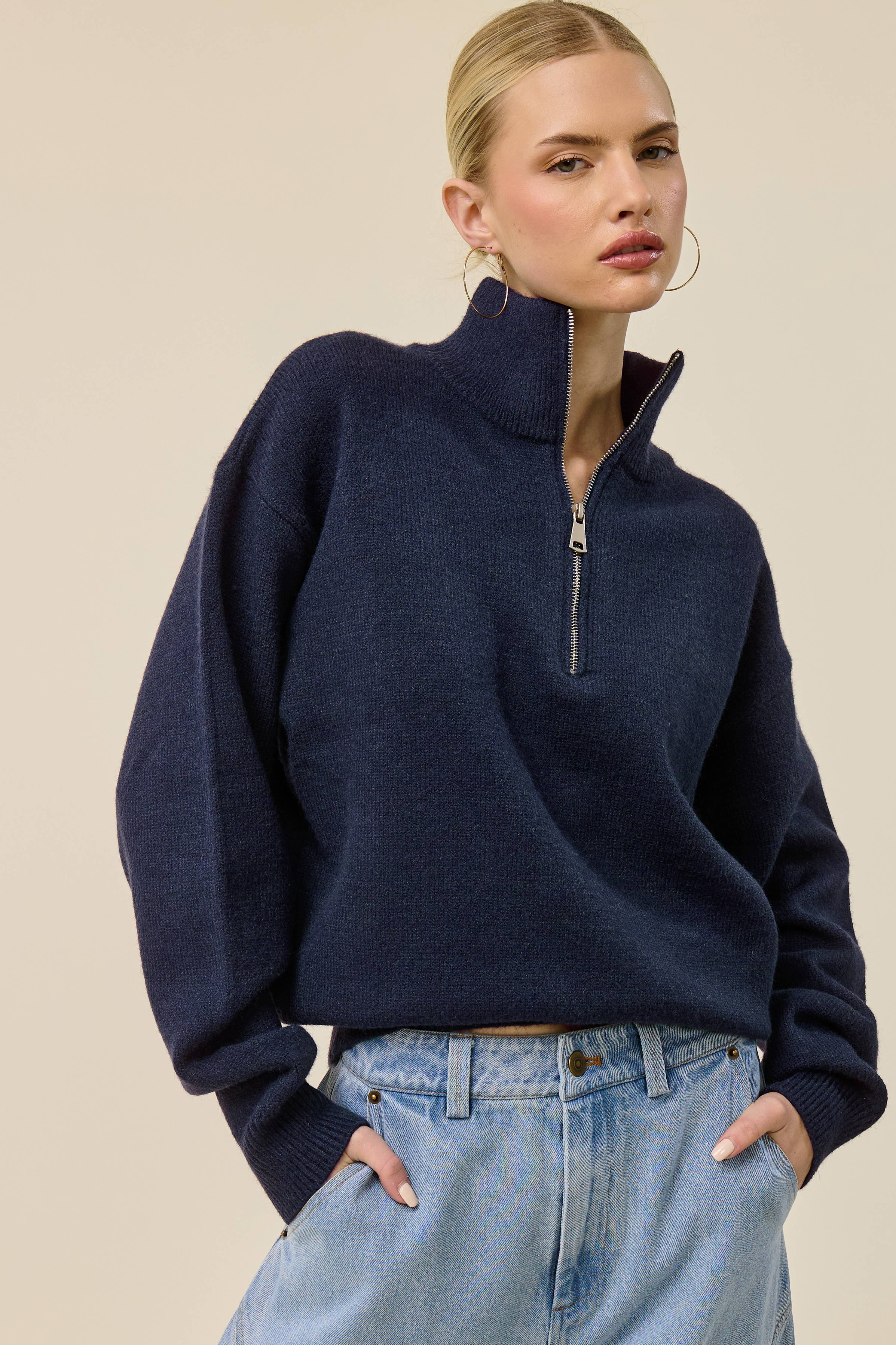 Mimosa - Half Zip Mock Neck Knit Sweater