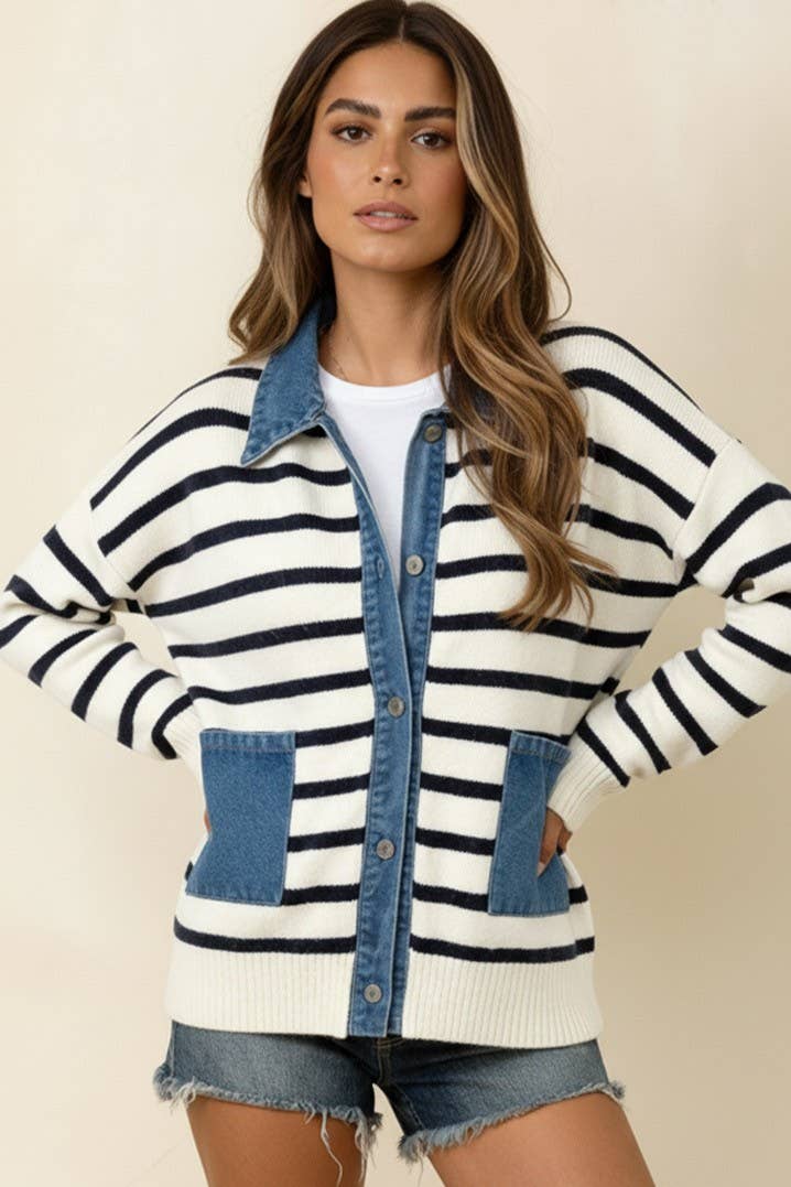 Ivory/Denim Stripe Sweater Cardigan