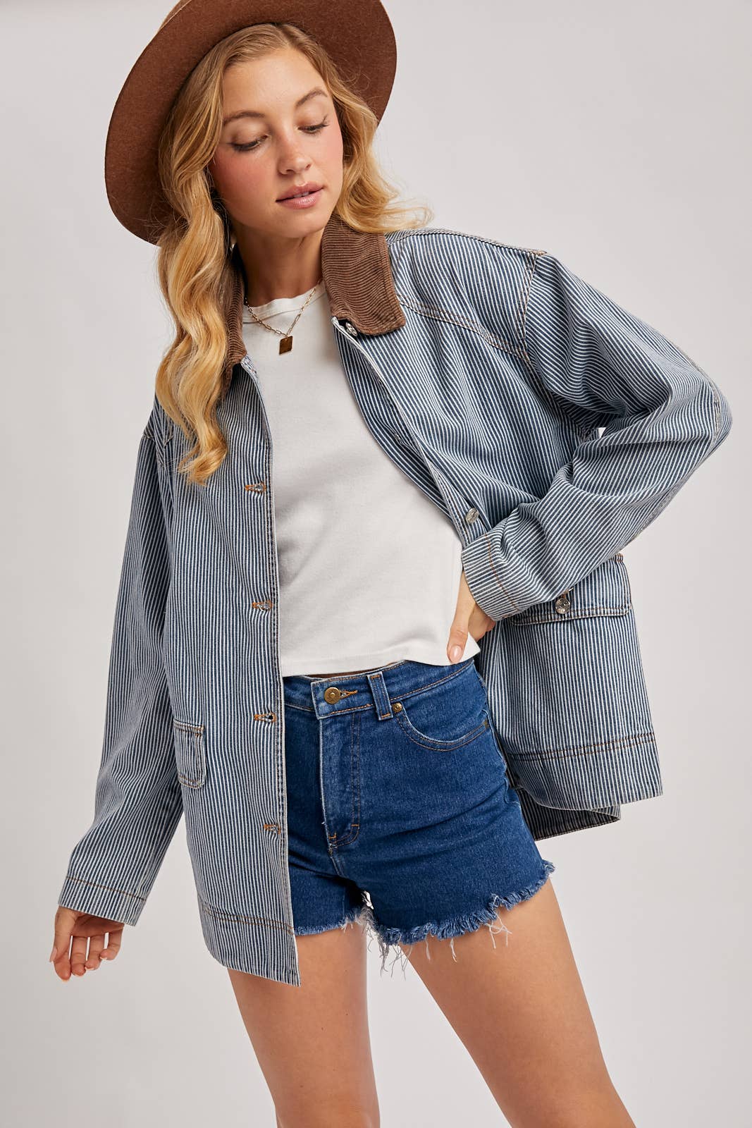 Bluivy - DENIM CORDUROY COLLAR CONTRAST BARN COAT