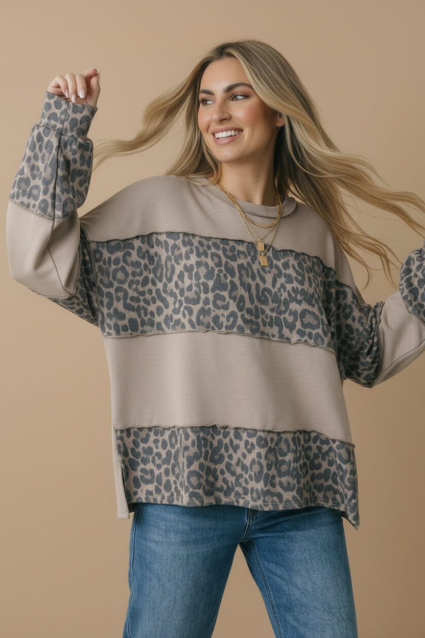 Haptics - Plus Round Neck Leopard Color Block Pullover Top
