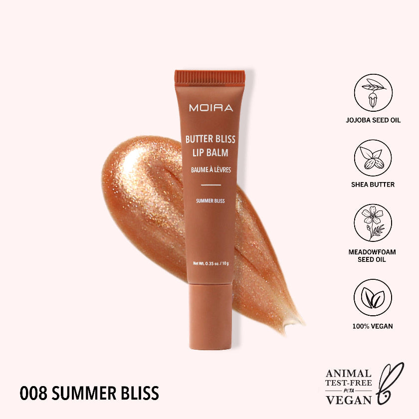 Moira Butter Bliss Lip Balm in Summer Bliss with ingredients listed on a white background