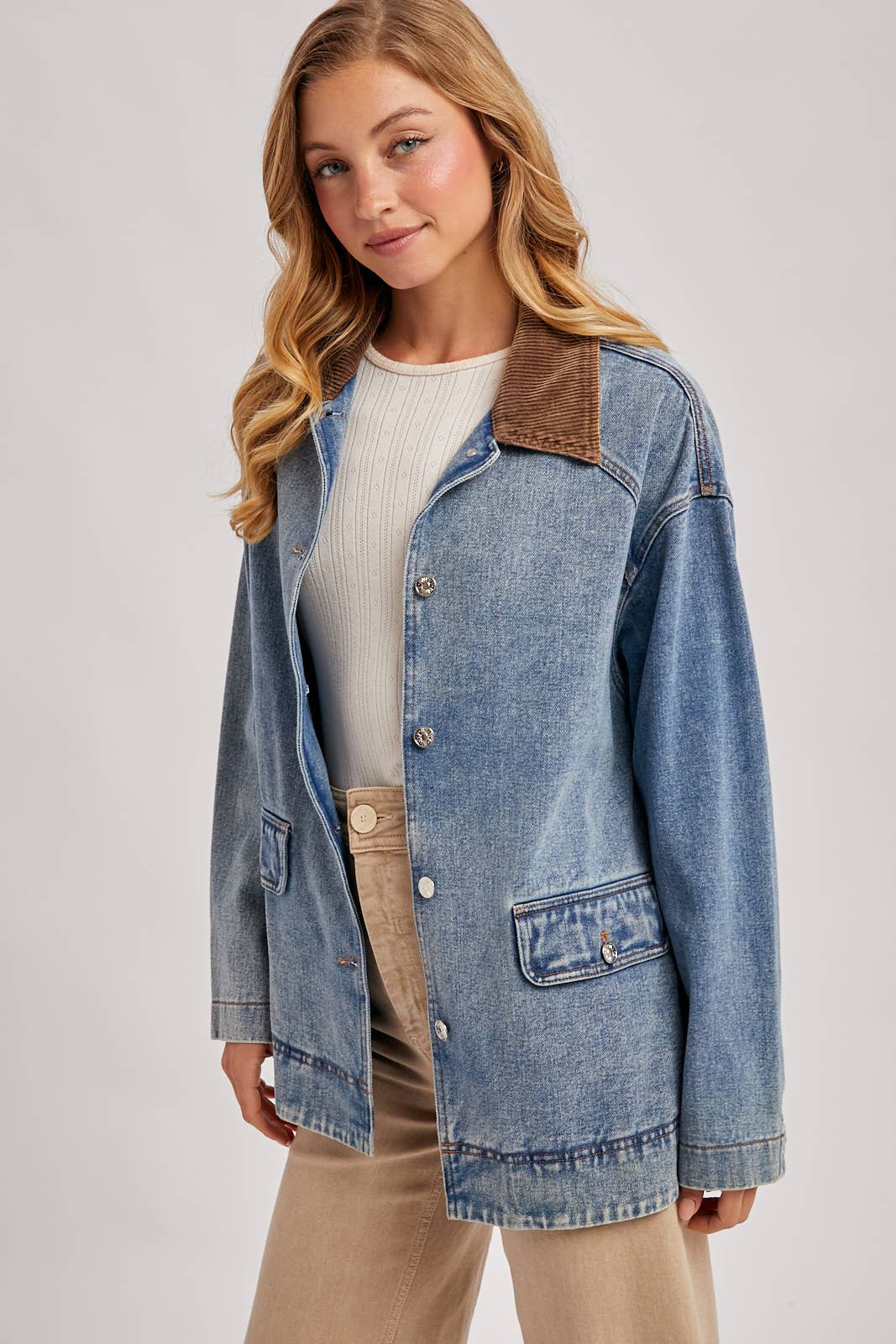 Bluivy - DENIM CORDUROY COLLAR CONTRAST BARN COAT