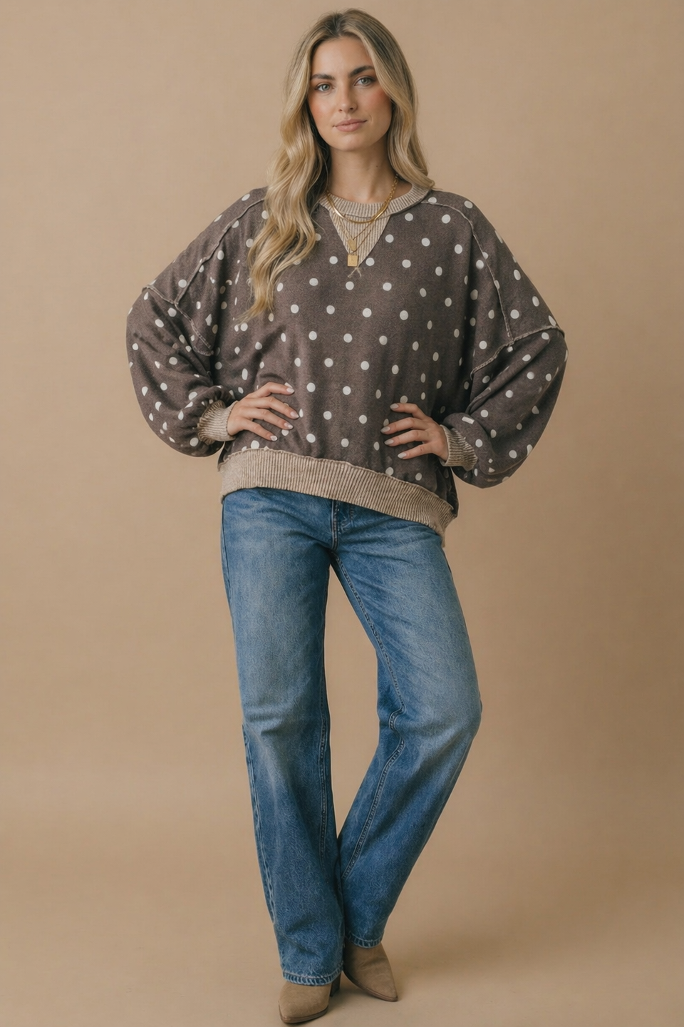Haptics - Plus Crew Neck Polka Dot Reverse Stitch Pullover