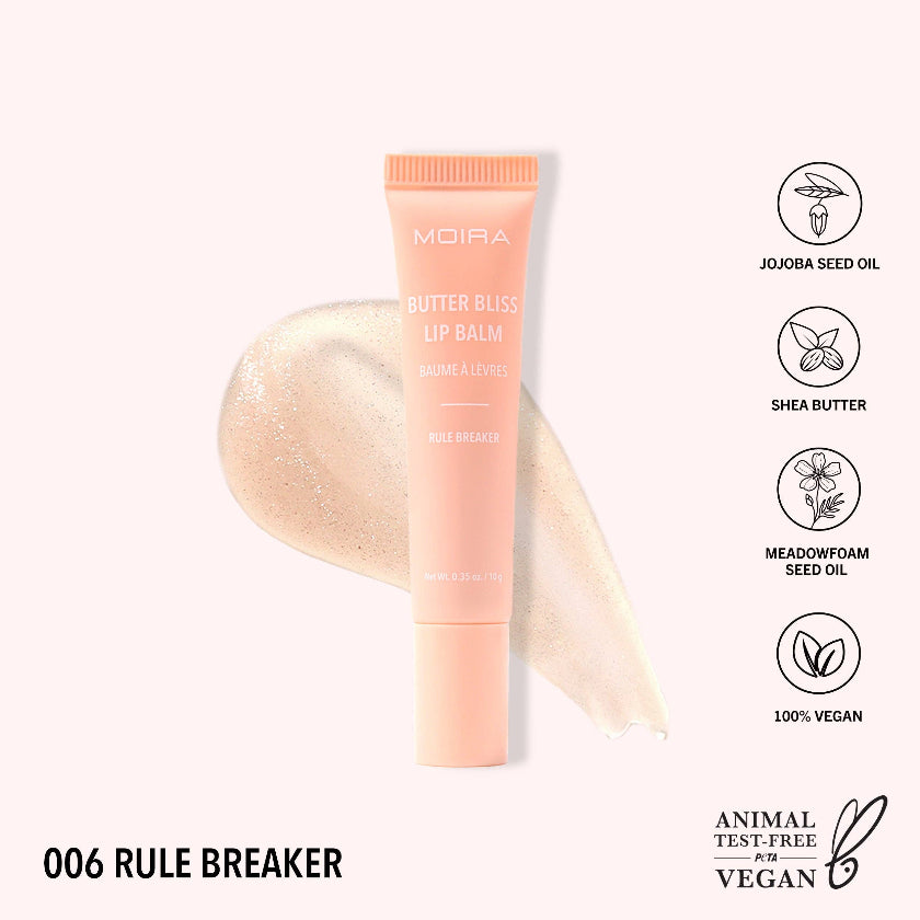 Moira Butter Bliss Lip Balm with product and brand details on a white background