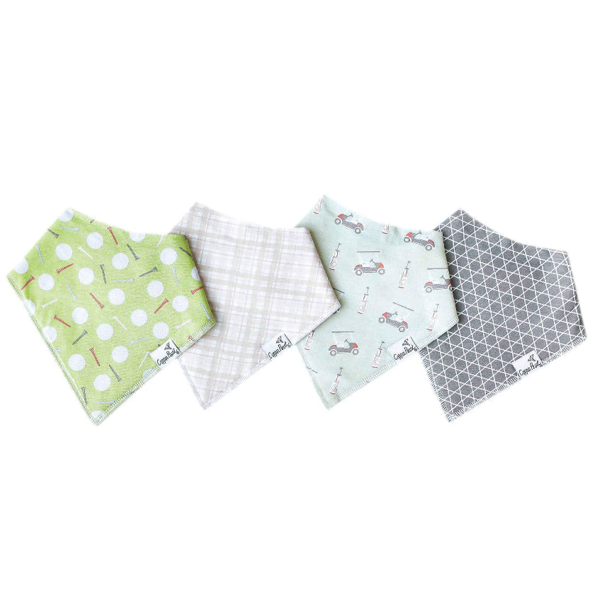 Four fabric swatches with different patterns on a white background