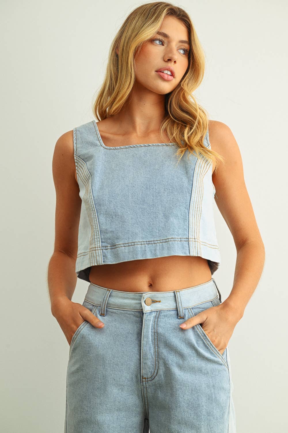 MIOU MUSE - P5885ST   DENIM COLOR BLOCKED WIDE STRAIGHT LEG PANTS