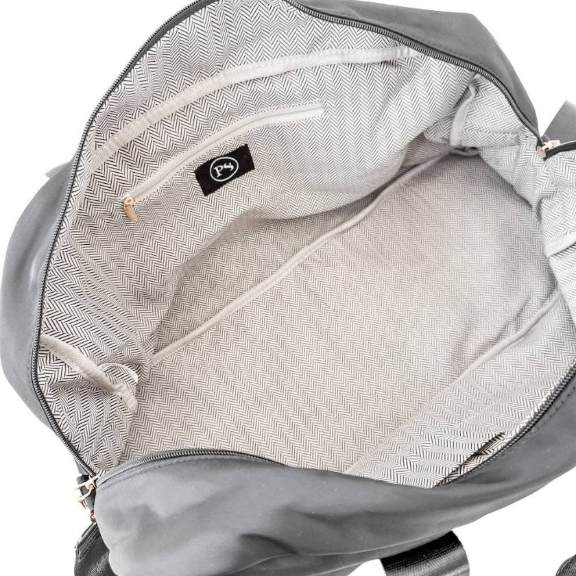 Gray backpack with a visible brand logo on a white background