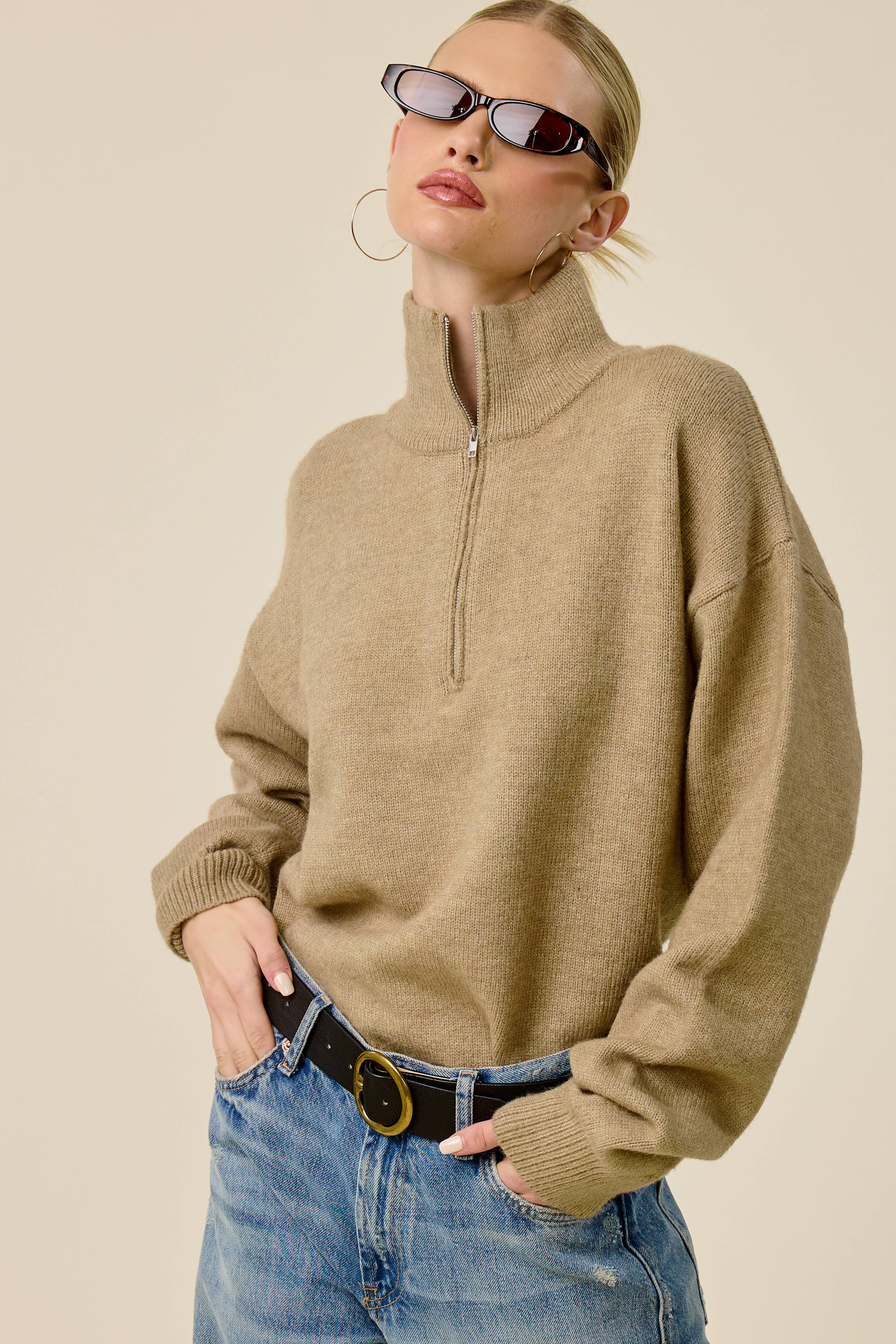 Mimosa - Half Zip Mock Neck Knit Sweater