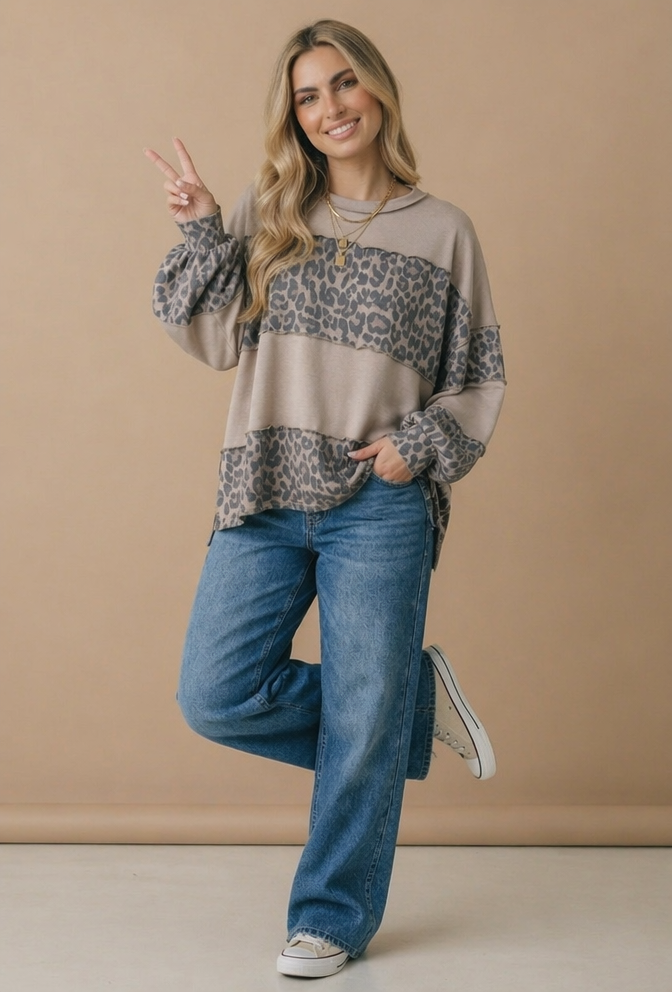 Haptics - Plus Round Neck Leopard Color Block Pullover Top